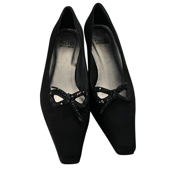 Vintage Stuart Weitzman Kitten Heels Size 6.5 Black Rhinestone Bows Shoes Pumps - Picture 2 of 8